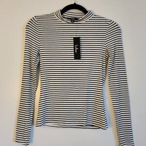 Lulus Basics White & Black Striped Mock Neck Long Sleeve Top Size Small